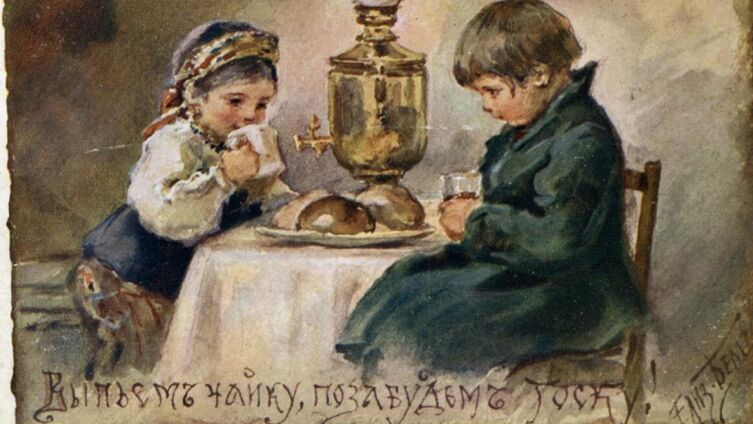 Е. М. Бём (Эндаурова), «Выпьем чайку», открытка начала ХХ века
