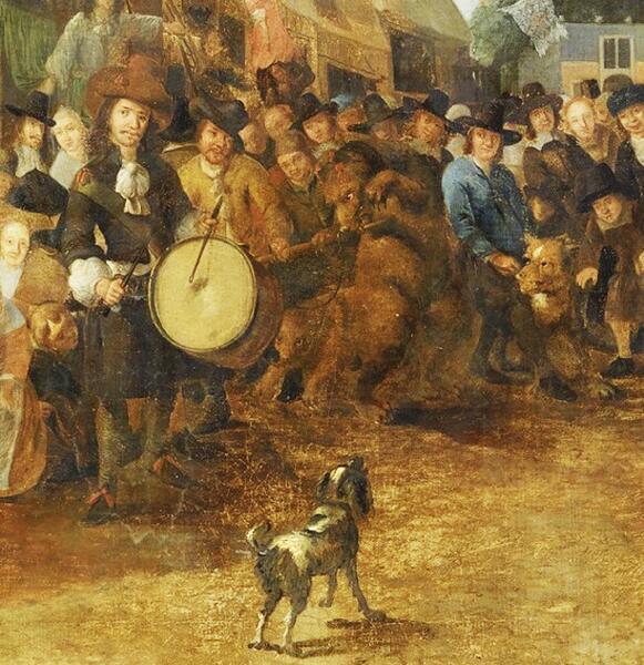 Геррит Лунденс, «Ярмарка возле Святых ворот Амстердама», фрагмент «Медведи и собаки», до 1663 г.