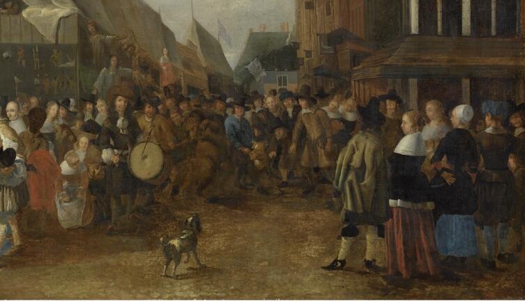 Геррит Лунденс, «Ярмарка возле Святых ворот Амстердама», фрагмент «Слева барабанщик объявляет о начале популярного зрелица „укус медведя“ — схватки между собаками и медведями», до 1663 г.