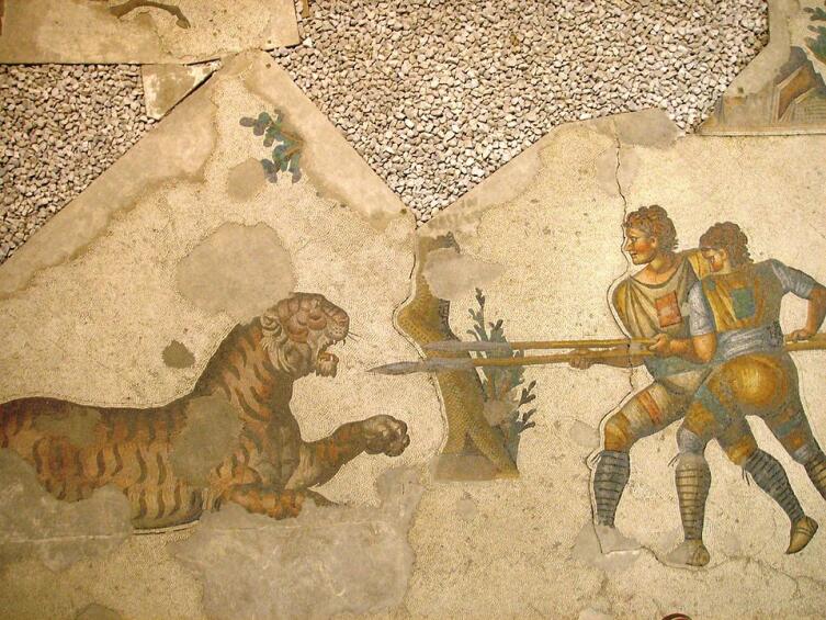 Бестиарии против тигра. Мозаика, музей, Стамбул.