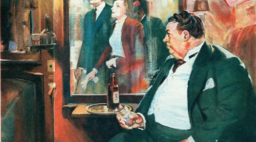 Вулф подавляет свою ненависть к путешествиям и поездам. Иллюстрация Рико Томазо к роману «Слишком много поваров», опубликованному «The American Magazine» в марте 1938 г.