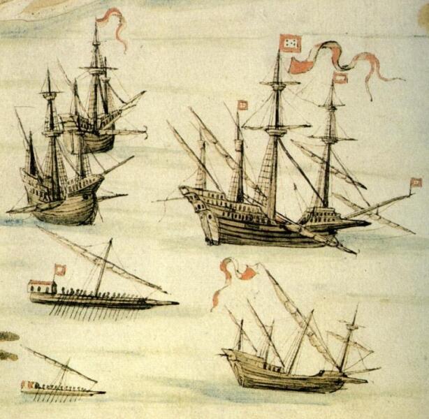 Изображение экспедиции в Суэц под руководством Жуана де Кастро в 1541 году, показывающее основные типы португальских кораблей, которые действовали в Индийском океане в 16 веке, в том числе две карраки, галеон, две галеры и круглую квадратную каравеллу