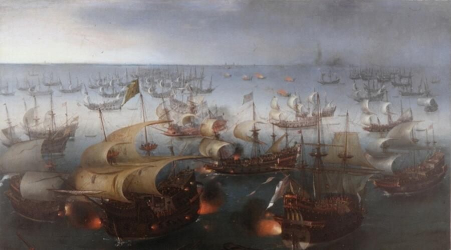 Португальский галеон «Сан-Мартинью», флагман испанской армады, в битве при Гравелинах