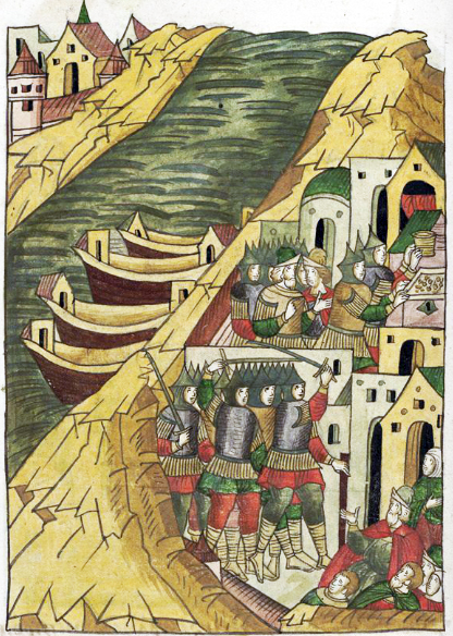 Лицевой летописный свод. Ушкуйники захватывают Кострому (1375 год), «Великого Новаграда разбойницы, 70 ушкуев, пришедше взяша Кострому град разбоем»