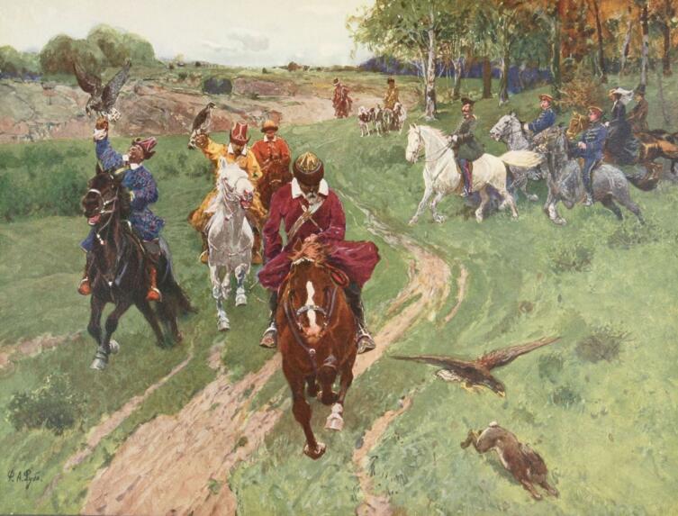 «Охота башкир с соколами в присутствии Александра II», Франц Рубо