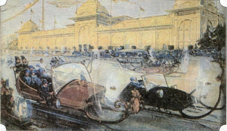Санкт-Петербургское шоссе с аэросанями в XXIII веке на открытке 1914 года из цикла «Москва в XXIII веке»