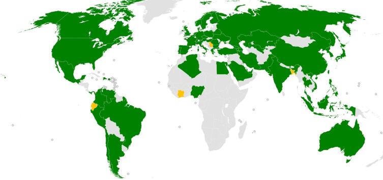 Зеленым выделены страны, где есть метрополитен, желтым — где он строится