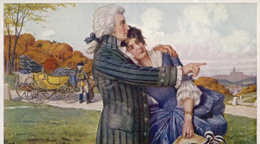 Моцарт и Констанция во время своего медового месяца. Открытка XIX века