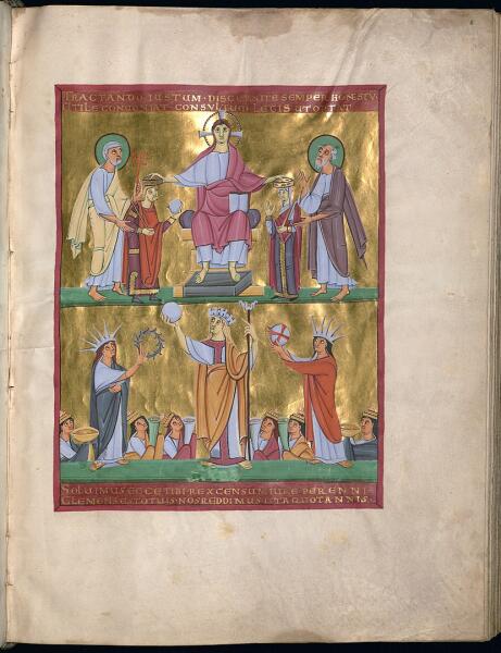 Император Генрих II Святой и его жена Кунигунда, коронуемые Христом. Внизу: аллегории Германии, Галлии и Рима