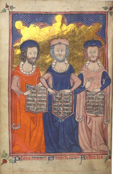 Платон, Сенека и Аристотель. Иллюстрация из средневековой рукописи. Лондон, между 1322—1325 годами.