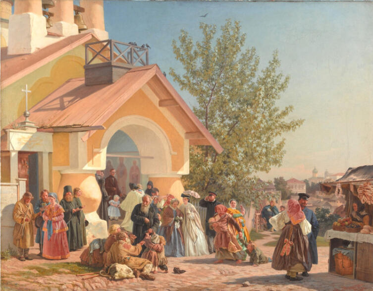 Александр Морозов, «Выход из церкви в Пскове». 1864 г.