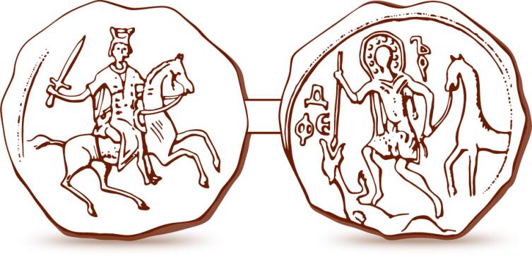 Печать Александра Невского (лицевая и оборотная стороны) с изображениями самого князя в виде всадника и святого Феодора Стратилат. После 1236 г.