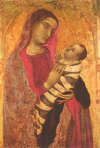 На картине Мадонны с младенцемАмброджо Лоренцетти (1319) изображены пеленальные ленты