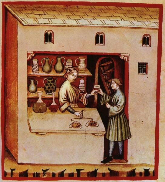Аптека. Миниатюра из Tacuinum sanitatis — средневекового трактата о здоровье. XIV век