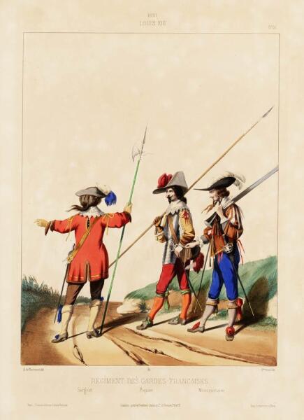 Французский гвардейский пехотный полк: сержант, пикинёр, мушкетёр 1630 год, рисунок 1830 г.
