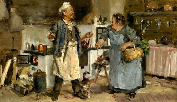 В. Е. Маковский, «Опять они ссорятся (Повар и кухарка)», 1912 г.