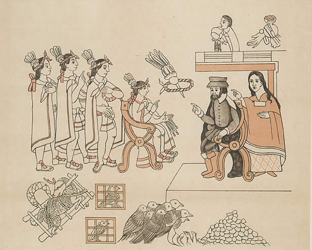 Встреча Кортеса и Монтесумы. Позади Кортеса его переводчица Малинче. Тласкаланское изображение XVI века