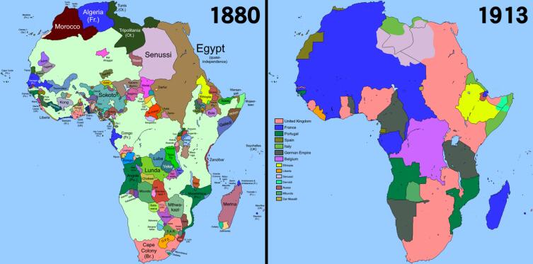 Карта Африки в 1880 году и она же в 1913 году