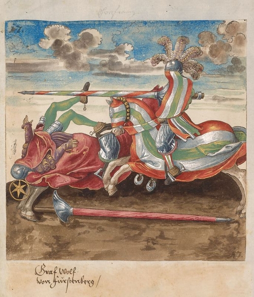 Таранный удар копьём. Раскрашенная гравюра из турнирной книги императора Максимилиана I «Фрейдал». 1512—1515 гг.