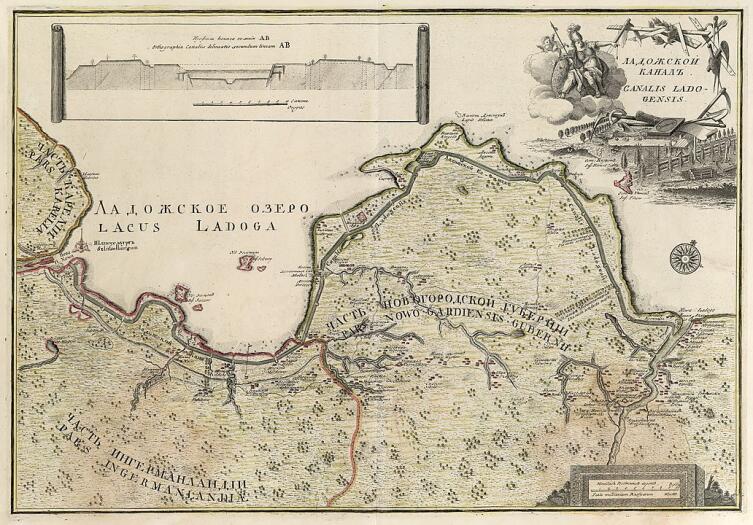 Карта обходного, вдоль Ладожского озера, канала Императора Петра Великого (1741–1742), крупнейшего для своего времени гидротехнического сооружения Европы