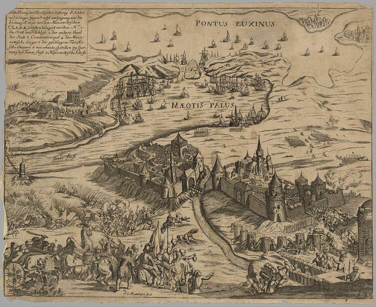 Взятие крепости Азов в 1696 году. Гравюра Монталегре конца XVII в.