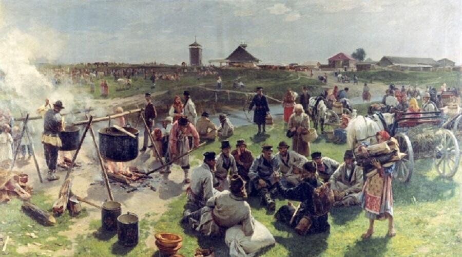 И. М. Прянишников, «Общий жертвенный котел в престольный праздник», 1880-е гг.