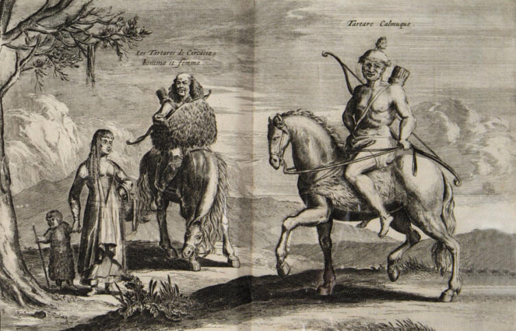 Гравюра XVII века из книги Яна Стрёйса. Калмыцкие тартары, захватившие и продавшие Яна Стрёйса в рабство