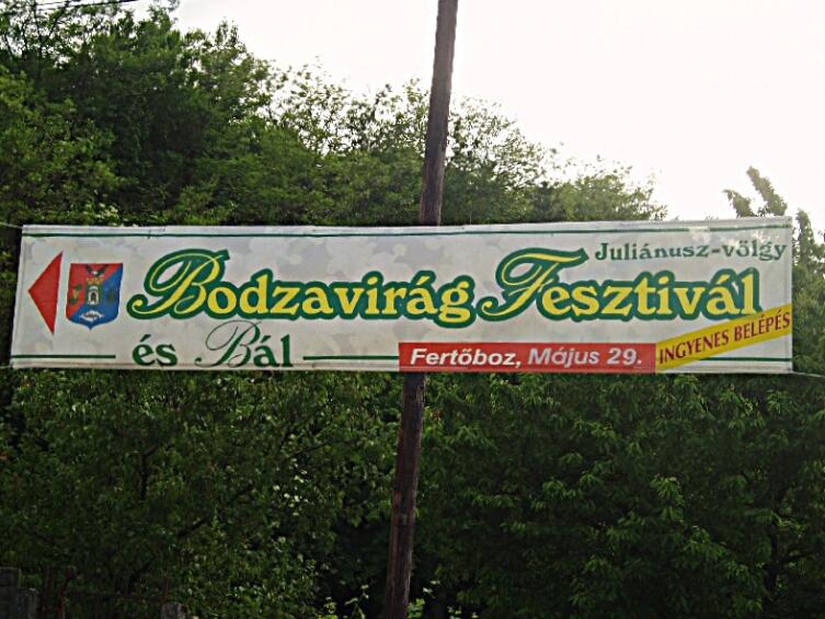 Большая красочная растяжка «Фестиваль бузины» прямо перед въездом в посёлок