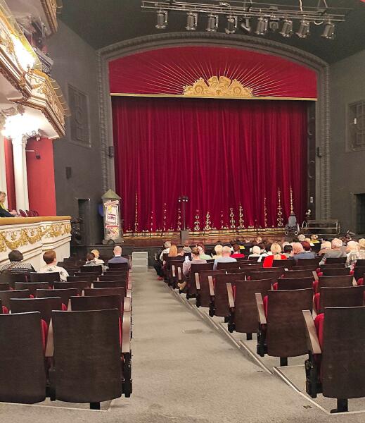 В тон стен зрительного зала и бархатный занавес с золотой вышивкой по краю В тон стен зрительного зала и бархатный занавес с золотой вышивкой по краю