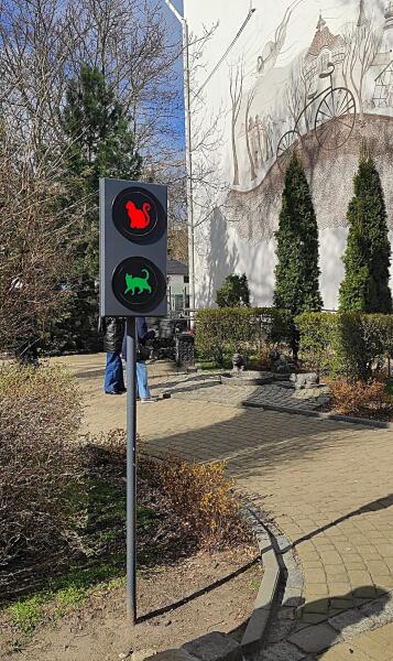 При входе в сквер «Котофейня» установлен кошачий светофор